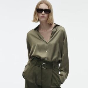ZARA Flowy Satin Effect Shirt Khaki Color